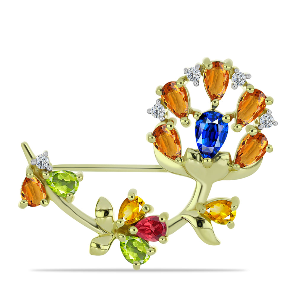 Goldplattierte Silberbrosche mit regenbogenfarbenem Rosebery Saphir und weißem Topas 1 