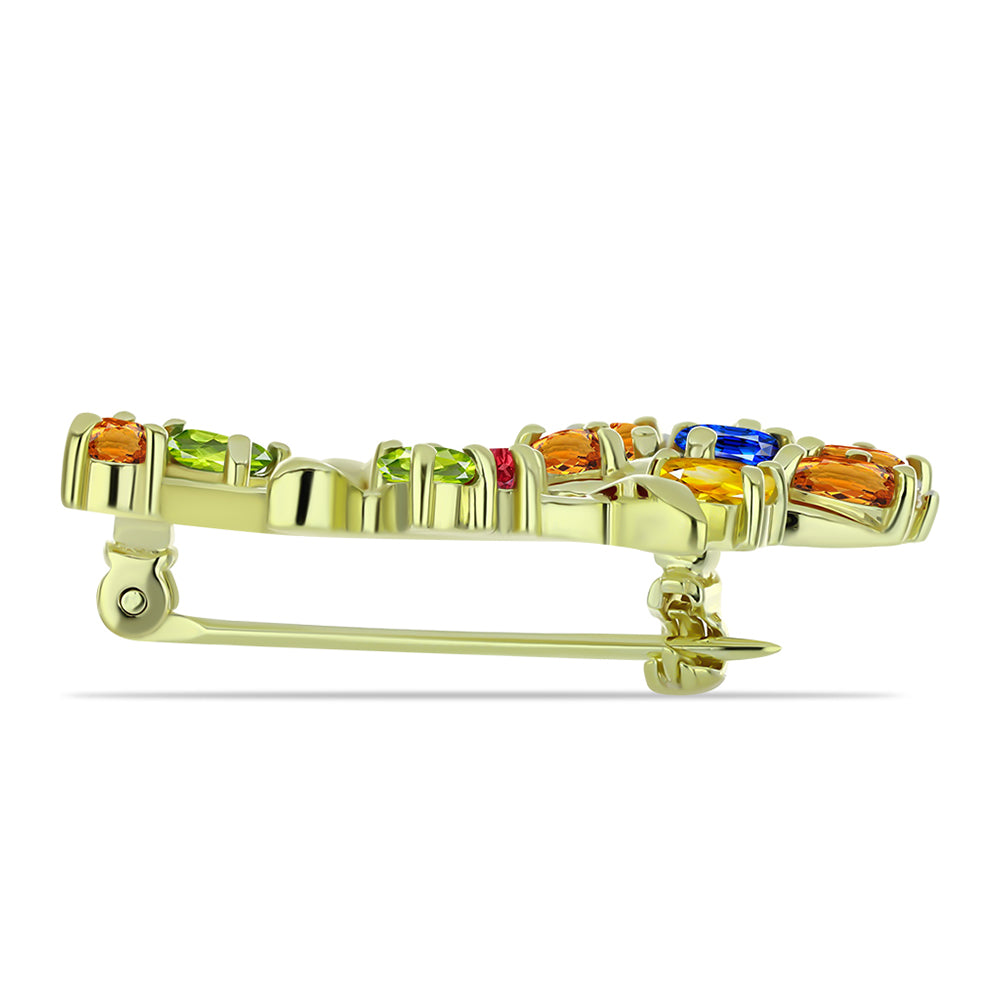 Goldplattierte Silberbrosche mit regenbogenfarbenem Rosebery Saphir und weißem Topas 2 