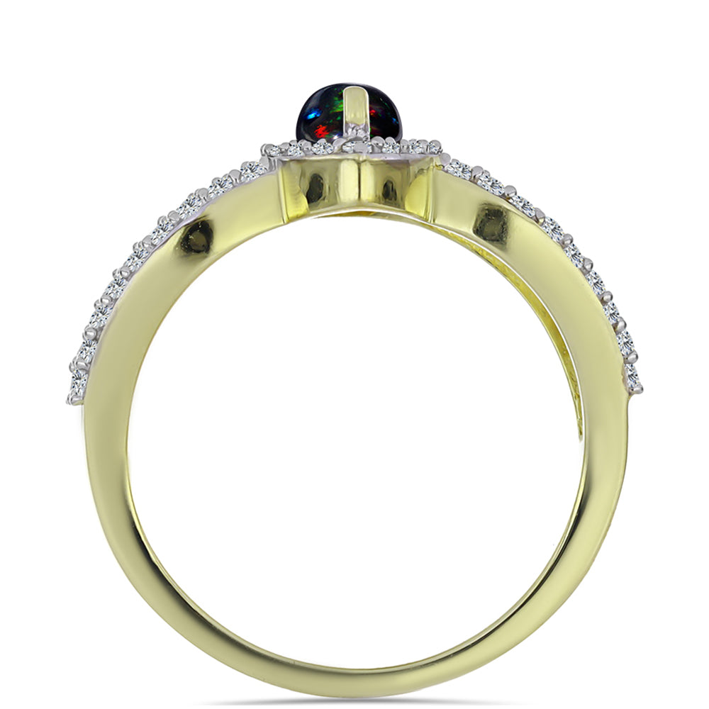 Goldplattierter Silberring mit mitternachtsschwarzem äthiopischen Opal aus Lega Dembi und weißem Topas