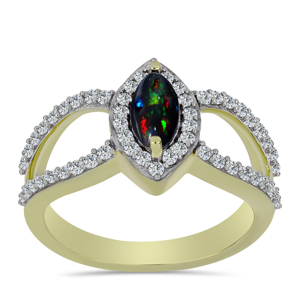 Goldplattierter Silberring mit mitternachtsschwarzem äthiopischen Opal aus Lega Dembi und weißem Topas