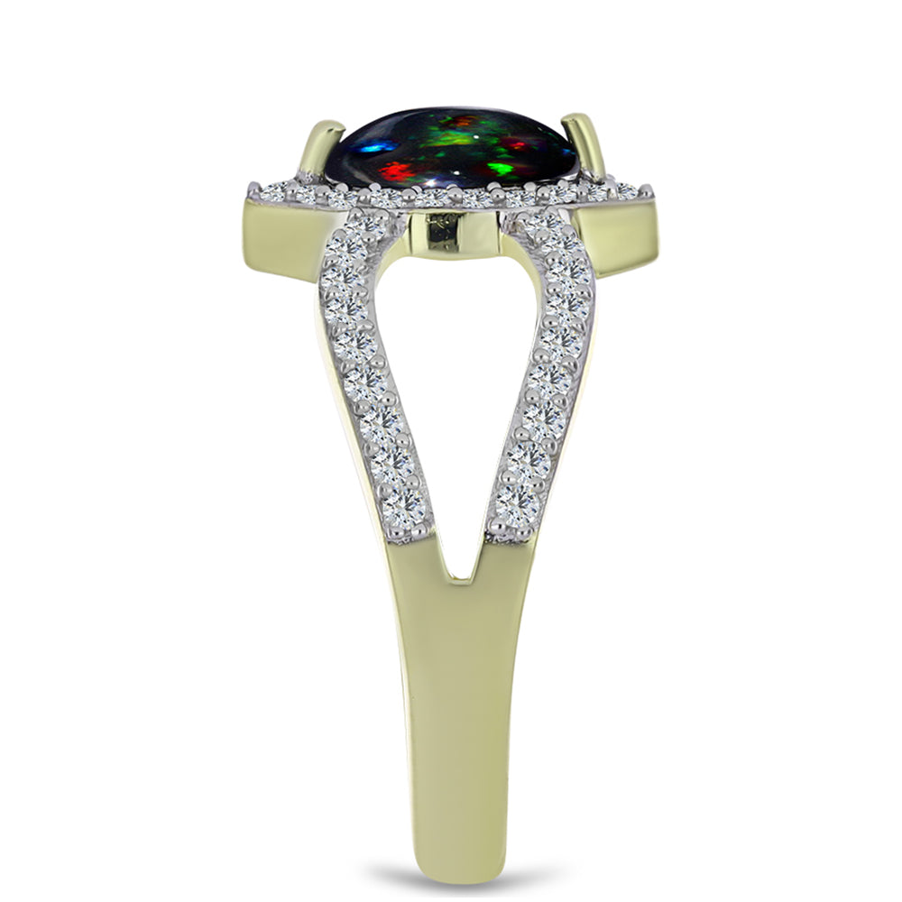 Goldplattierter Silberring mit mitternachtsschwarzem äthiopischen Opal aus Lega Dembi und weißem Topas 4 