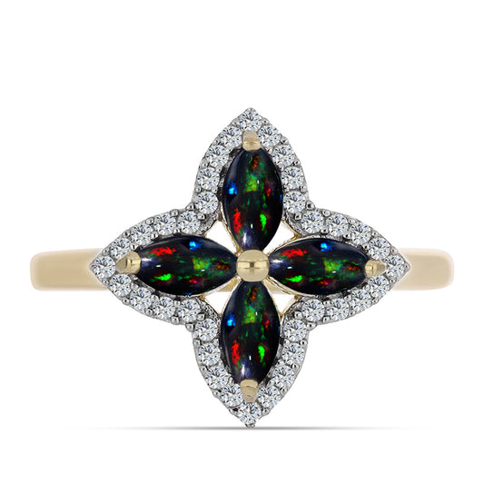 Goldplattierter Silberring mit mitternachtsschwarzem äthiopischen Opal aus Lega Dembi und weißem Topas