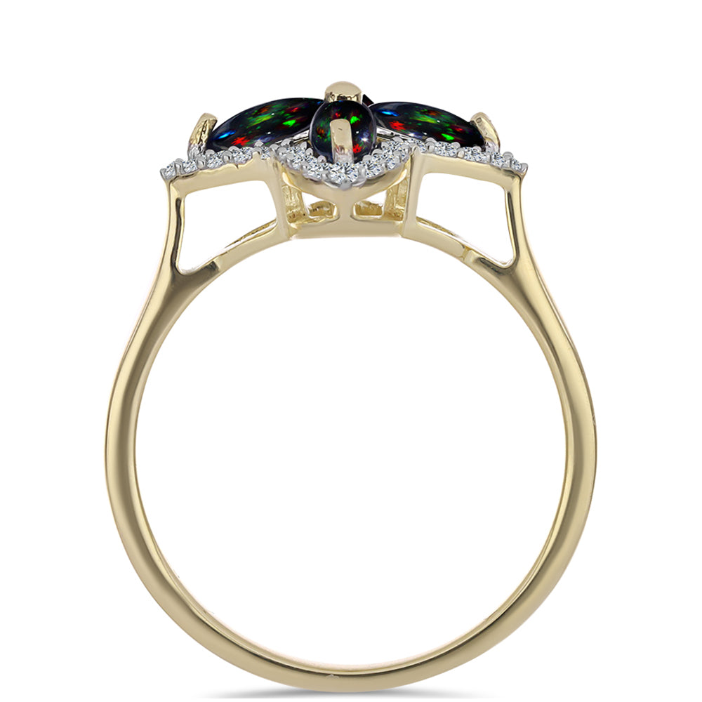 Goldplattierter Silberring mit mitternachtsschwarzem äthiopischen Opal aus Lega Dembi und weißem Topas