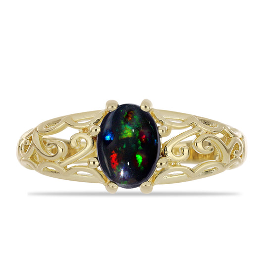 Goldplattierter Silberring mit mitternachtsschwarzem äthiopischen Opal aus Lega Dembi