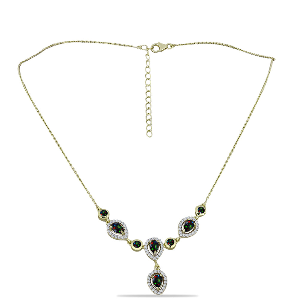 Goldplattierte Silberhalskette mit mitternachtsschwarzem äthiopischen Opal aus Lega Dembi und weißem Topas 1 