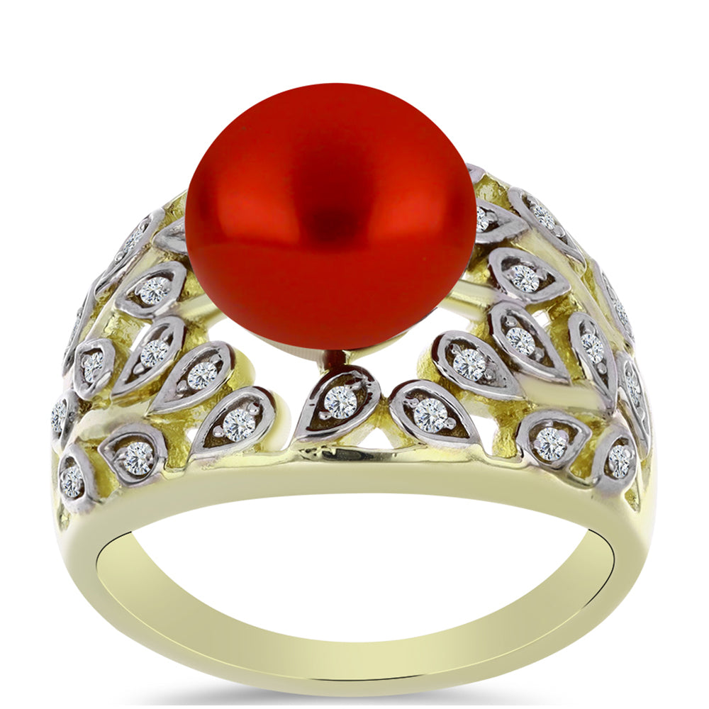 Goldplattierter Silberring mit roter Süßwasserperle und weißem Topas 3 