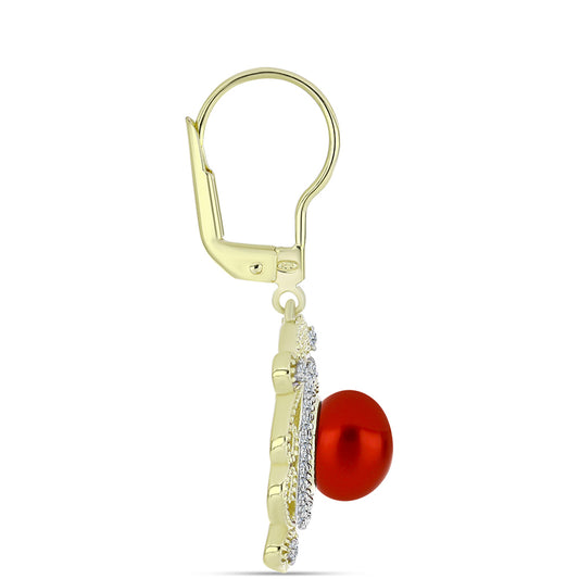 Goldplattierte Silberohrringe mit roter Süßwasserperle und weißem Topas