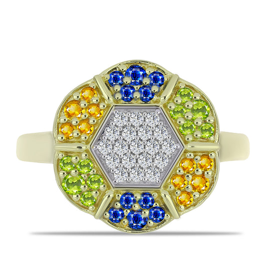 Goldplattierter Silberring mit regenbogenfarbenem Rosebery Saphir und weißem Topas