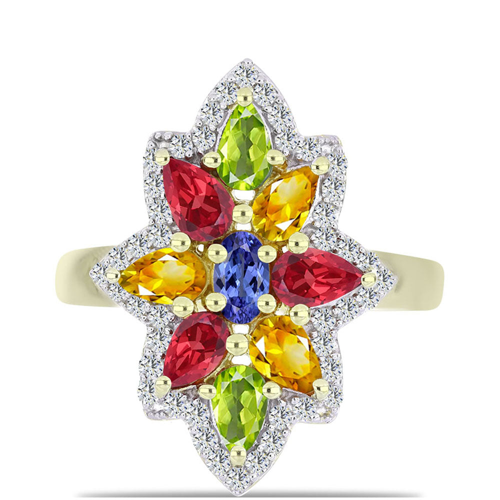 Goldplattierter Silberring mit regenbogenfarbenem Rosebery Saphir und weißem Topas 1 