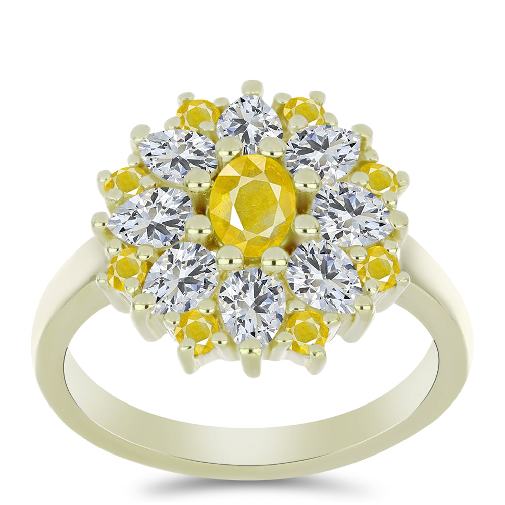 Goldplattierter Silberring mit gelbem Rosebery Saphir und weißem Topas 3 