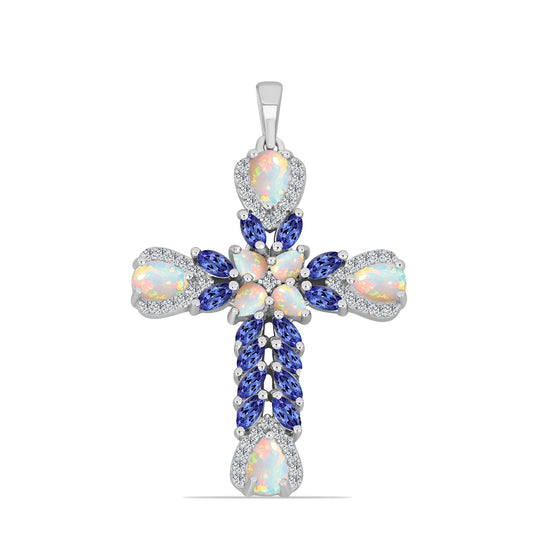 Silberanhänger mit Tansanit und äthiopischem Opal aus Lega Dembi