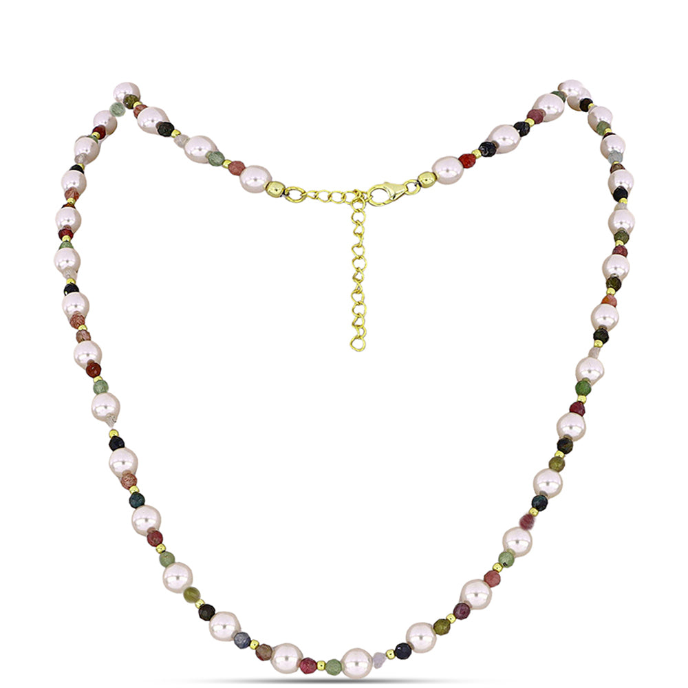 Goldplattierte Silberhalskette mit Chakra Turmalin und weißer Süßwasserperle 1 