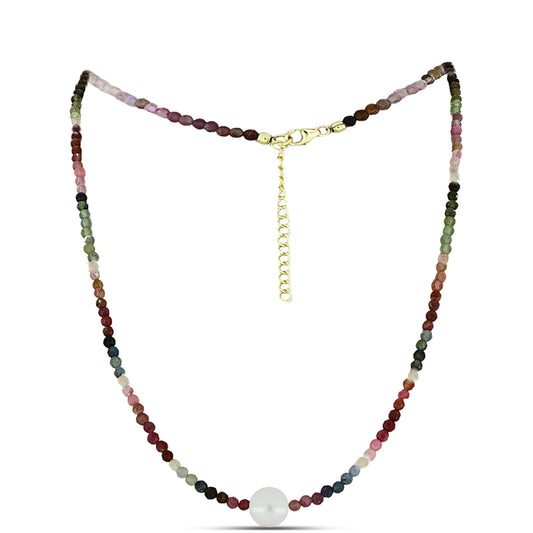 Goldplattierte Silberhalskette mit Chakra Turmalin und weißer Süßwasserperle