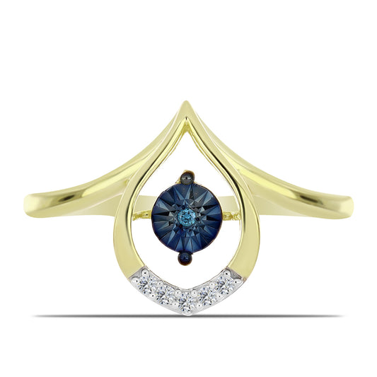 Goldplattierter Silberring mit blauem tanzendem Diamanten und weißem Topas