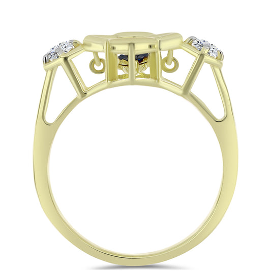 Goldplattierter Silberring mit blauem tanzendem Diamanten und weißem Topas