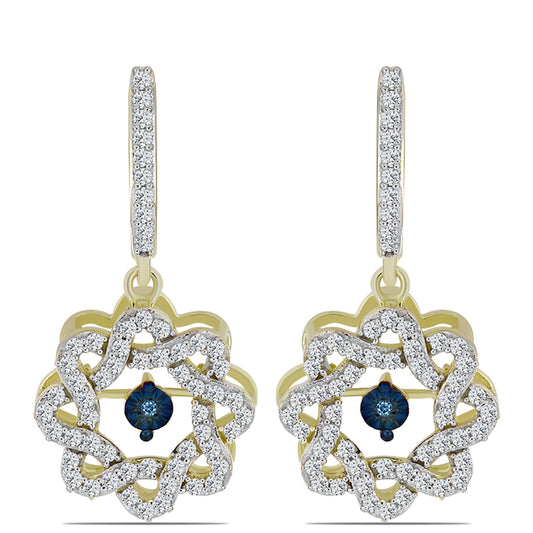 Goldplattierte Silberohrringe mit blauem tanzendem Diamanten und weißem Topas