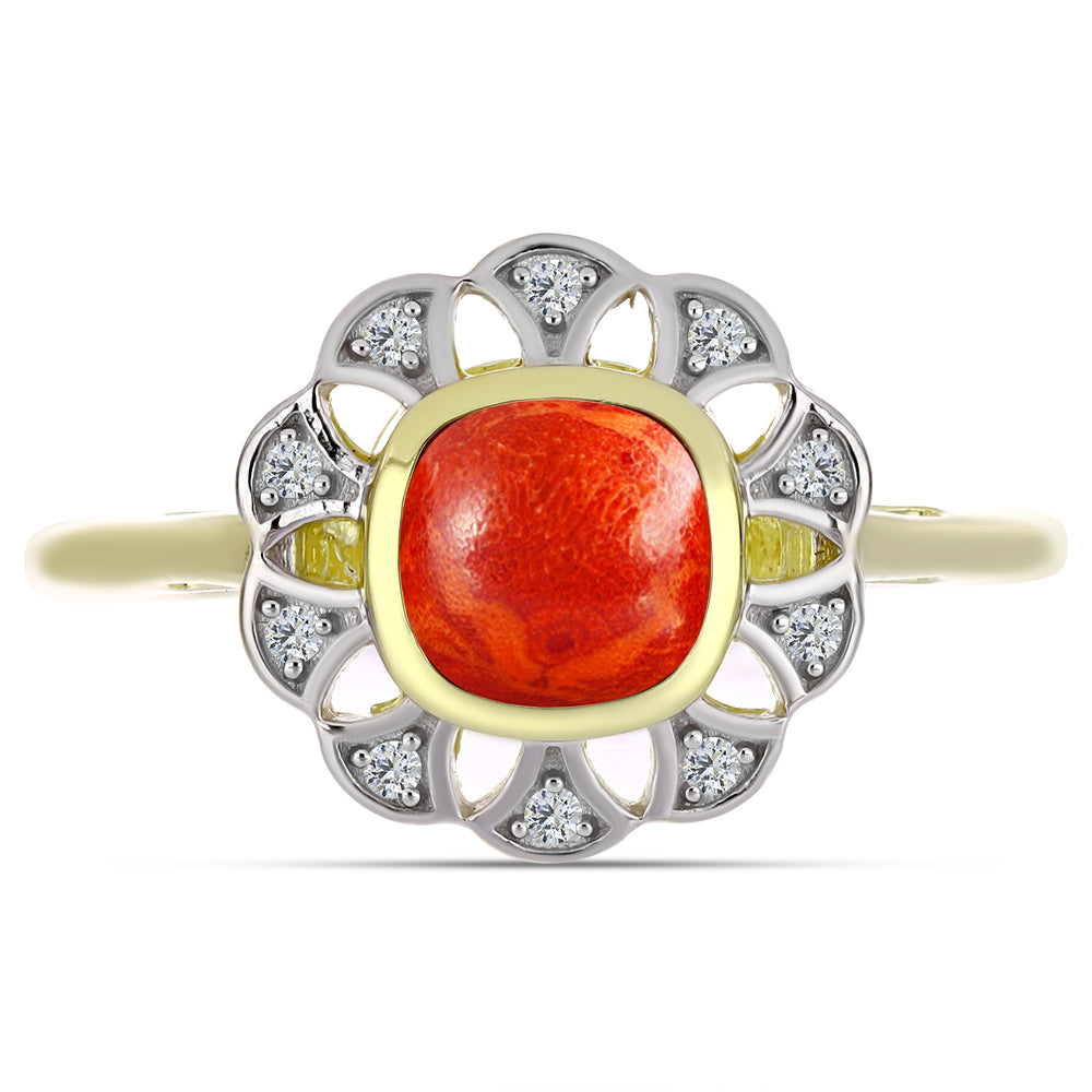 Goldplattierter Silberring mit roter Schwammkoralle und weißem Topas 1 