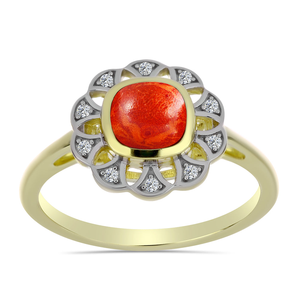 Goldplattierter Silberring mit roter Schwammkoralle und weißem Topas