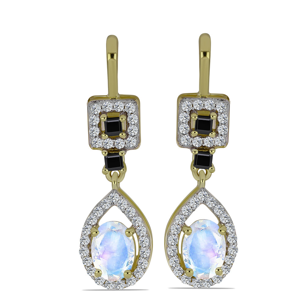 Goldplattierte Silberohrringe mit Regenbogenmondstein und schwarzem Spinell 1 