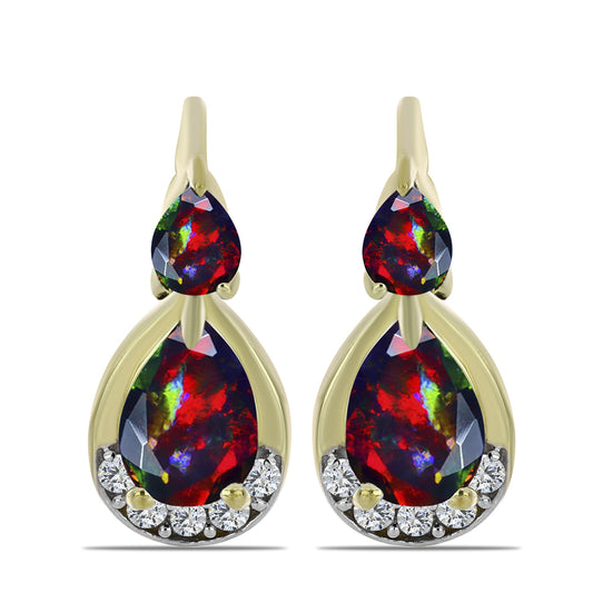 Goldplattierte Silberohrringe mit mitternachtsschwarzem äthiopischen Opal aus Lega Dembi und weißem Topas