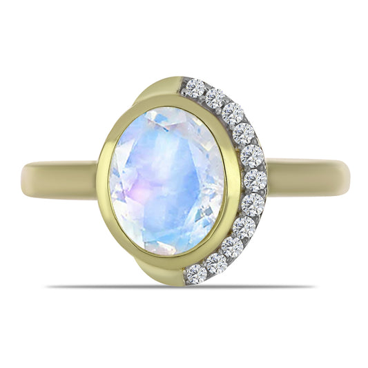 Goldplattierter Silberring mit Regenbogenmondstein und weißem Topas