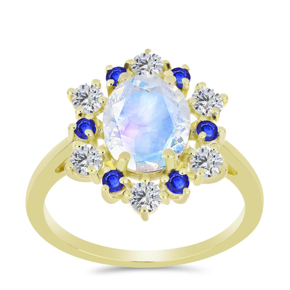 Goldplattierter Silberring mit Regenbogenmondstein und australischem blauem Saphir