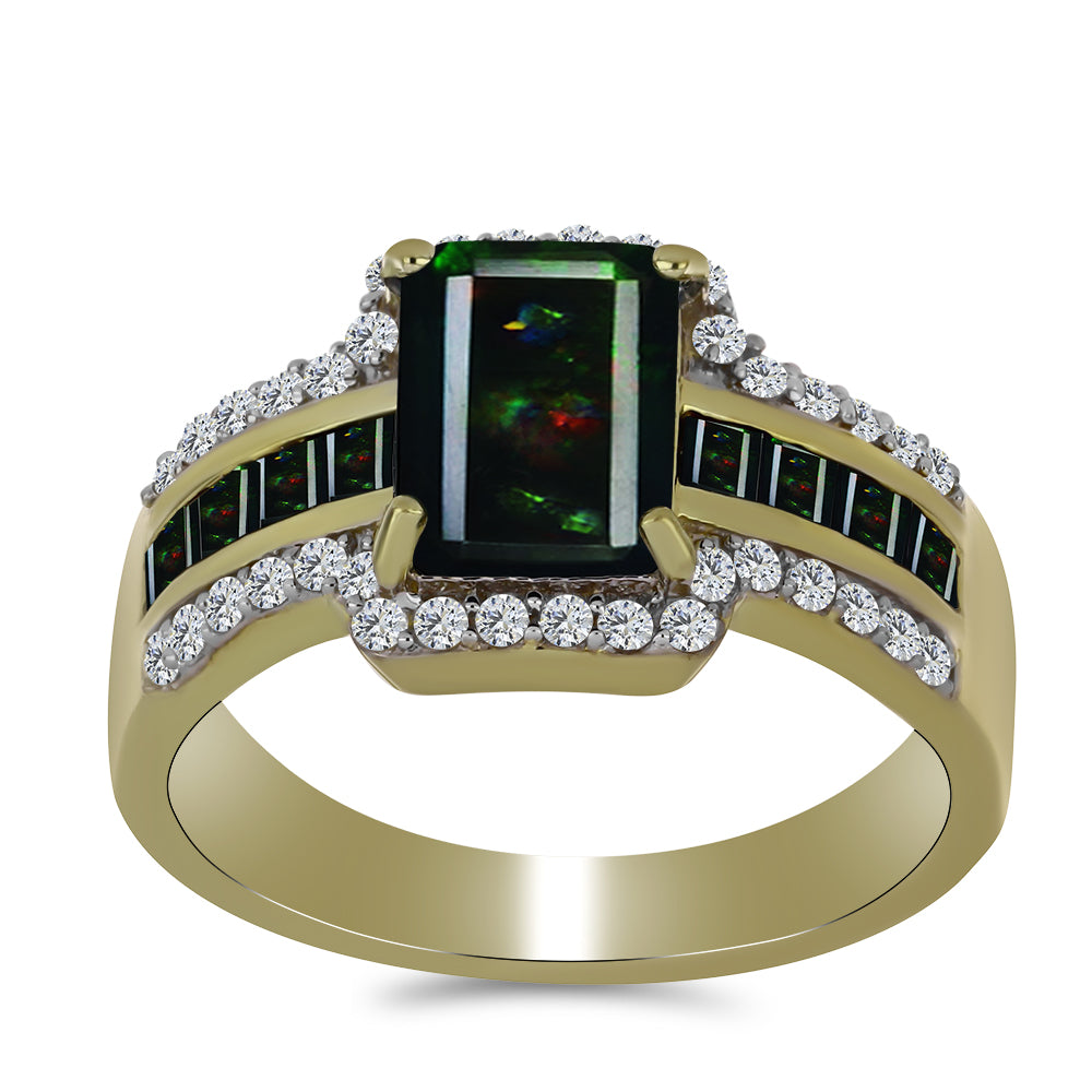 Goldplattierter Silberring mit mitternachtsschwarzem äthiopischen Opal aus Lega Dembi und schwarzem Spinell