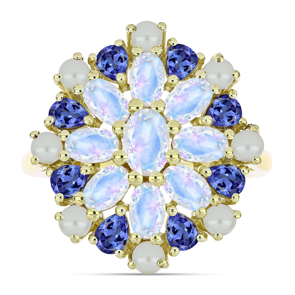 Goldplattierter Silberring mit weißer Süßwasserperle und Tansanit