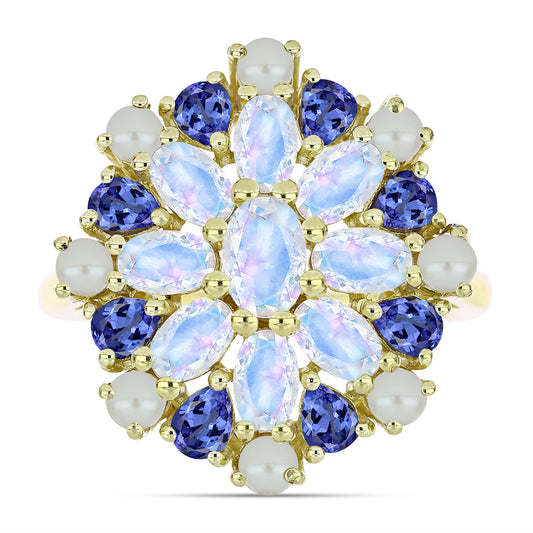 Goldplattierter Silberring mit weißer Süßwasserperle und Tansanit