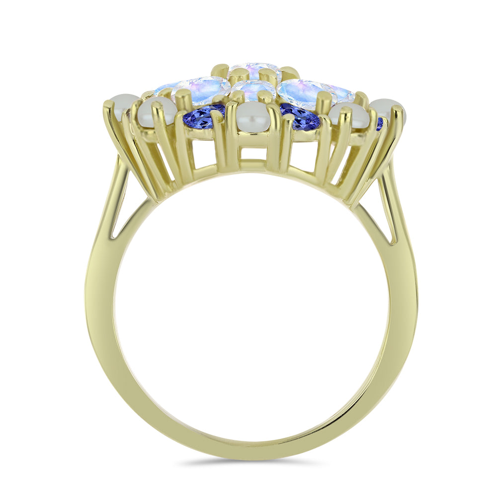 Goldplattierter Silberring mit weißer Süßwasserperle und Tansanit