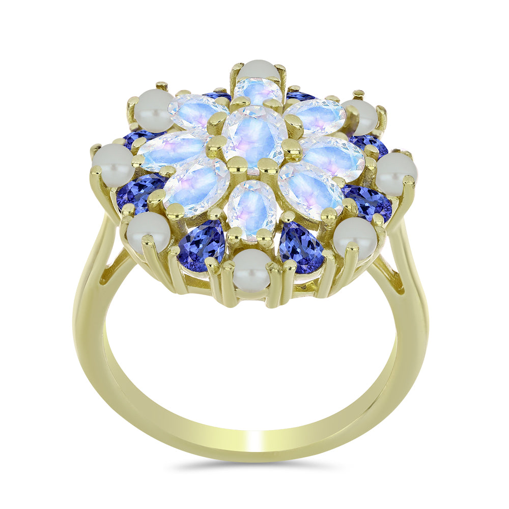 Goldplattierter Silberring mit weißer Süßwasserperle und Tansanit