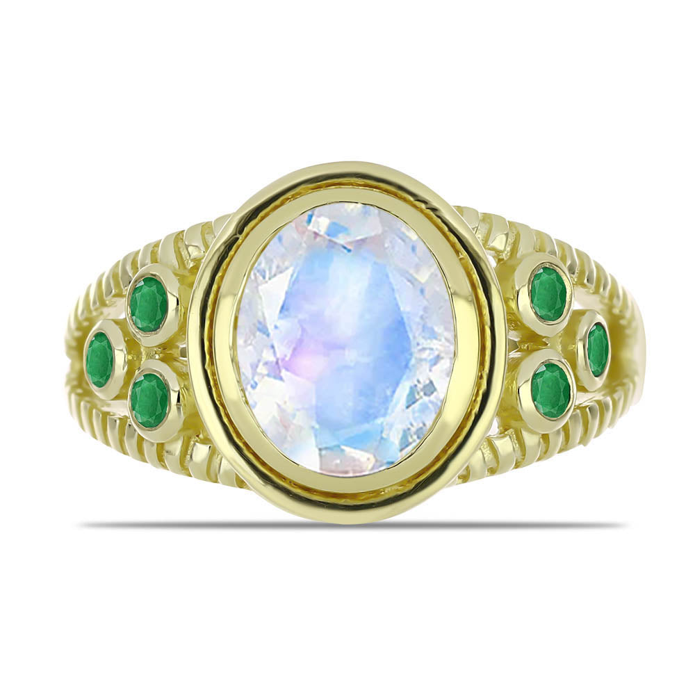 Goldplattierter Silberring mit Regenbogenmondstein und brasilianischem Smaragd