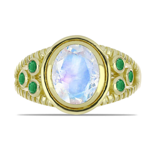 Goldplattierter Silberring mit Regenbogenmondstein und brasilianischem Smaragd