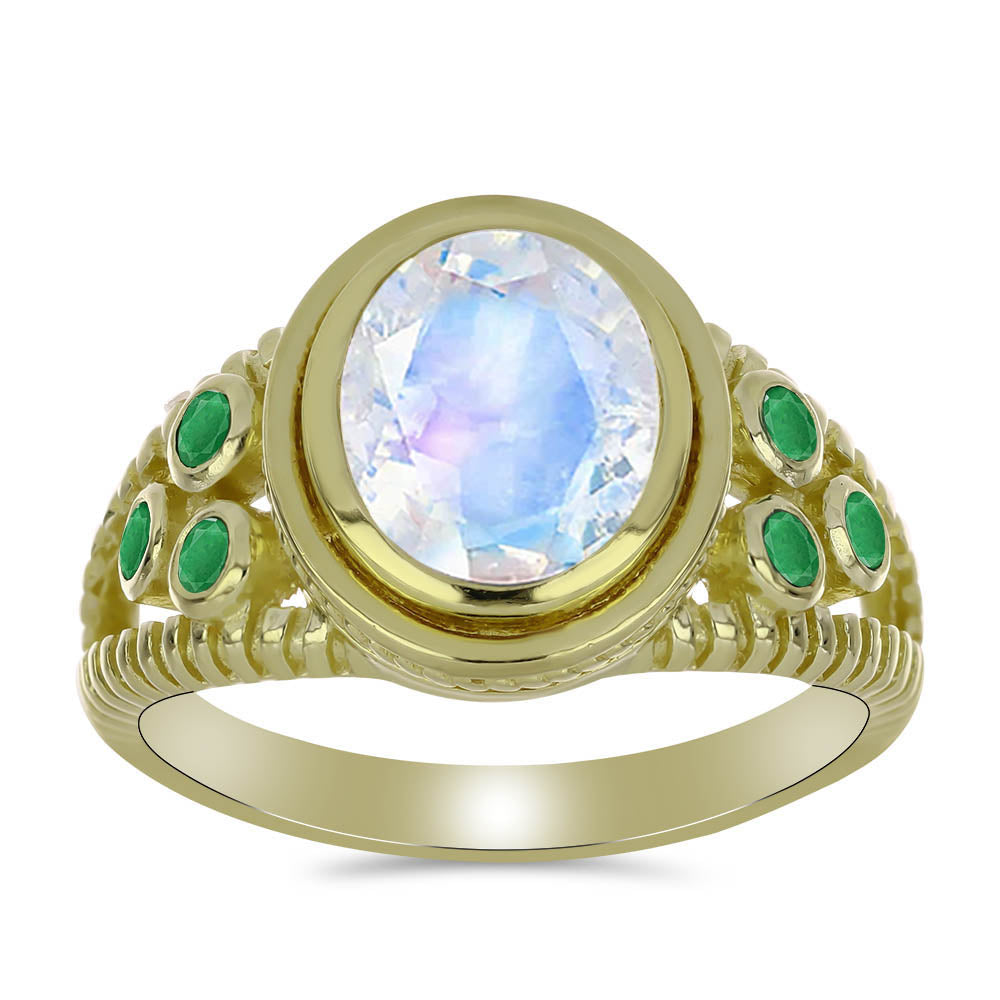 Goldplattierter Silberring mit Regenbogenmondstein und brasilianischem Smaragd