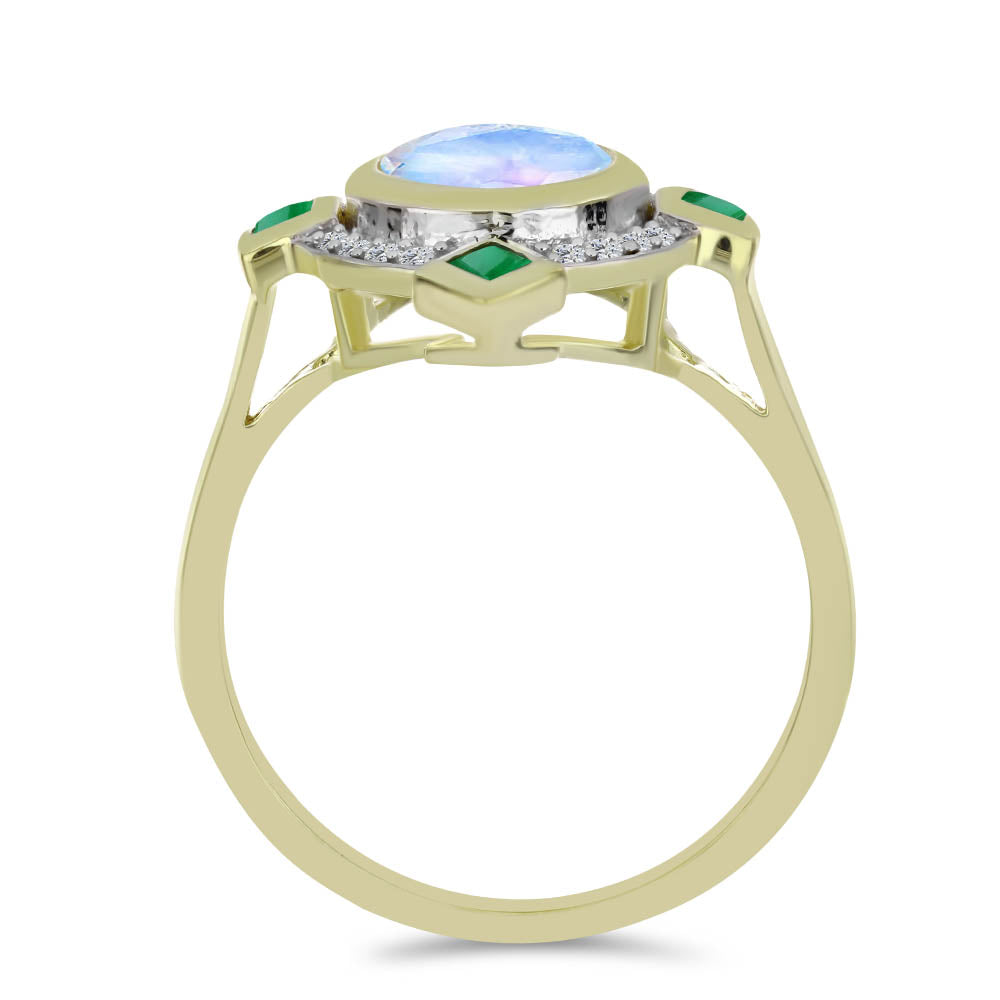 Goldplattierter Silberring mit Regenbogenmondstein und brasilianischem Smaragd