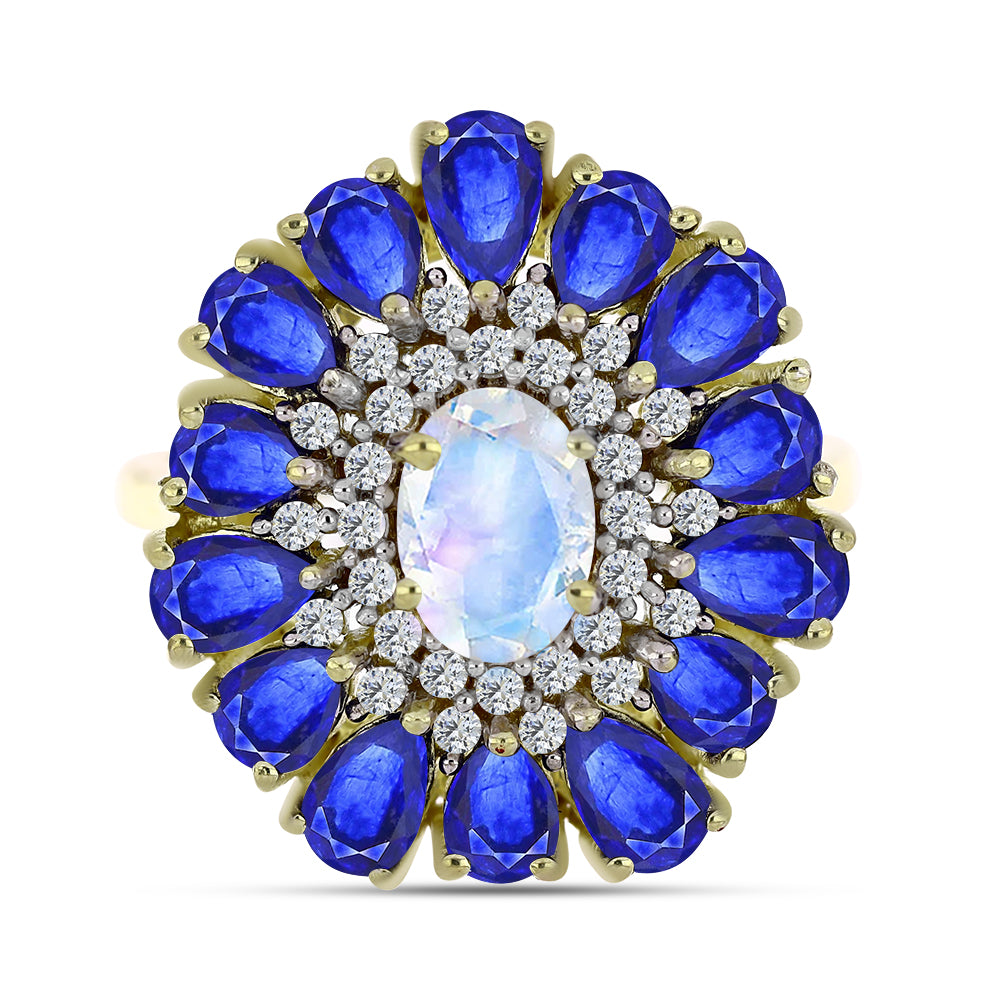 Goldplattierter Silberring mit Regenbogenmondstein und australischem blauem Saphir
