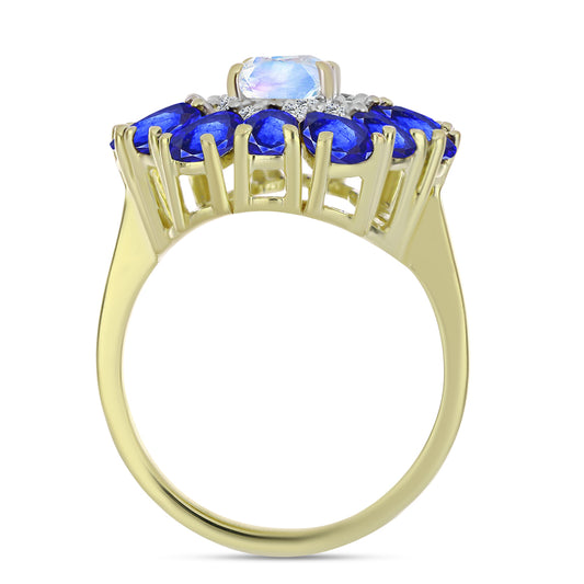 Goldplattierter Silberring mit Regenbogenmondstein und australischem blauem Saphir