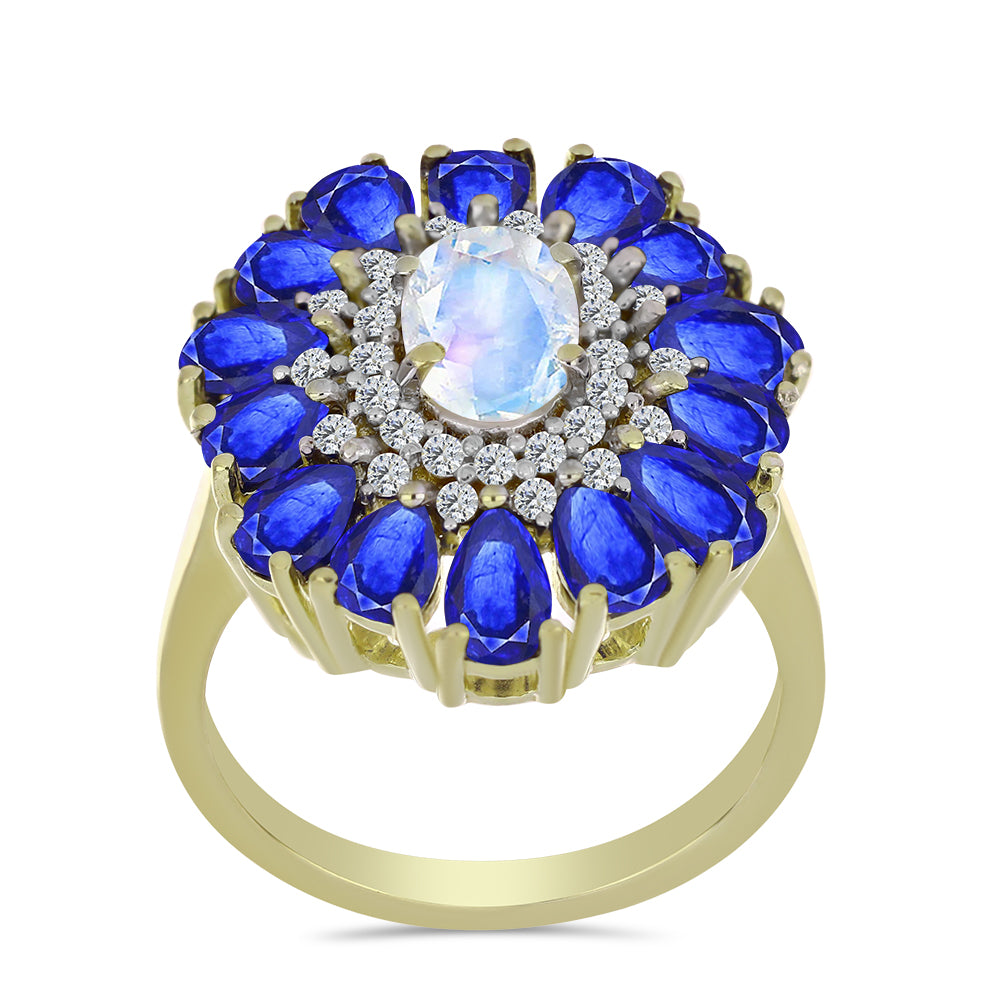 Goldplattierter Silberring mit Regenbogenmondstein und australischem blauem Saphir