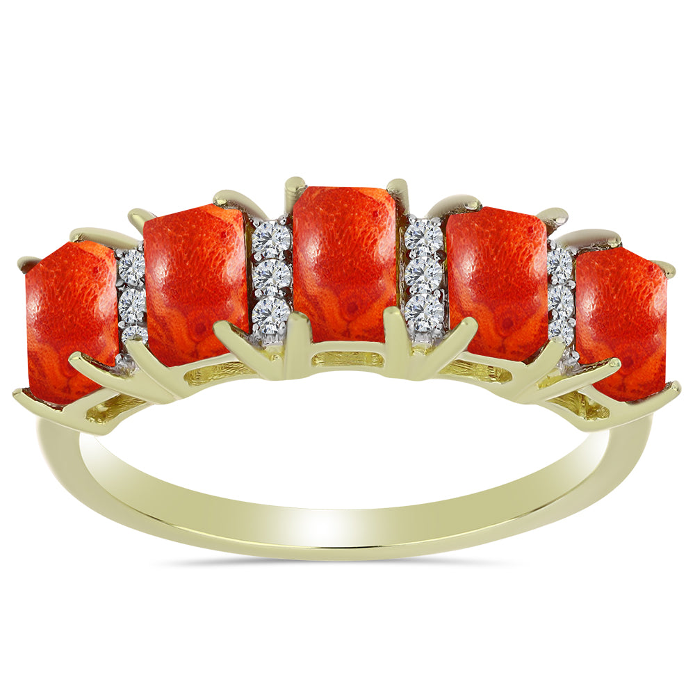 Goldplattierter Silberring mit roter Schwammkoralle und weißem Topas 1 