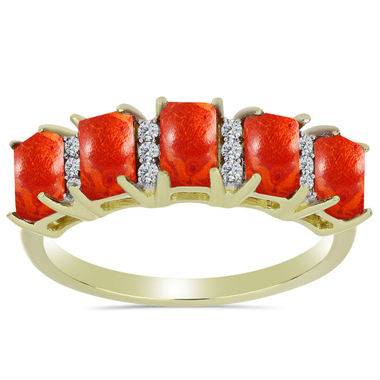 Goldplattierter Silberring mit roter Schwammkoralle und weißem Topas