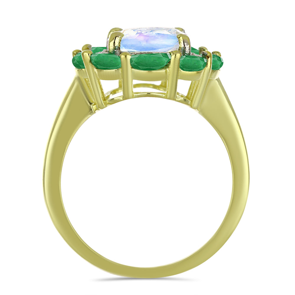 Goldplattierter Silberring mit Regenbogenmondstein und brasilianischem Smaragd 2 