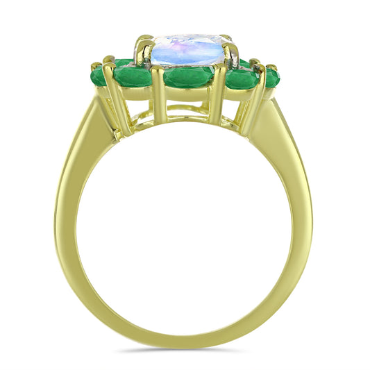 Goldplattierter Silberring mit Regenbogenmondstein und brasilianischem Smaragd