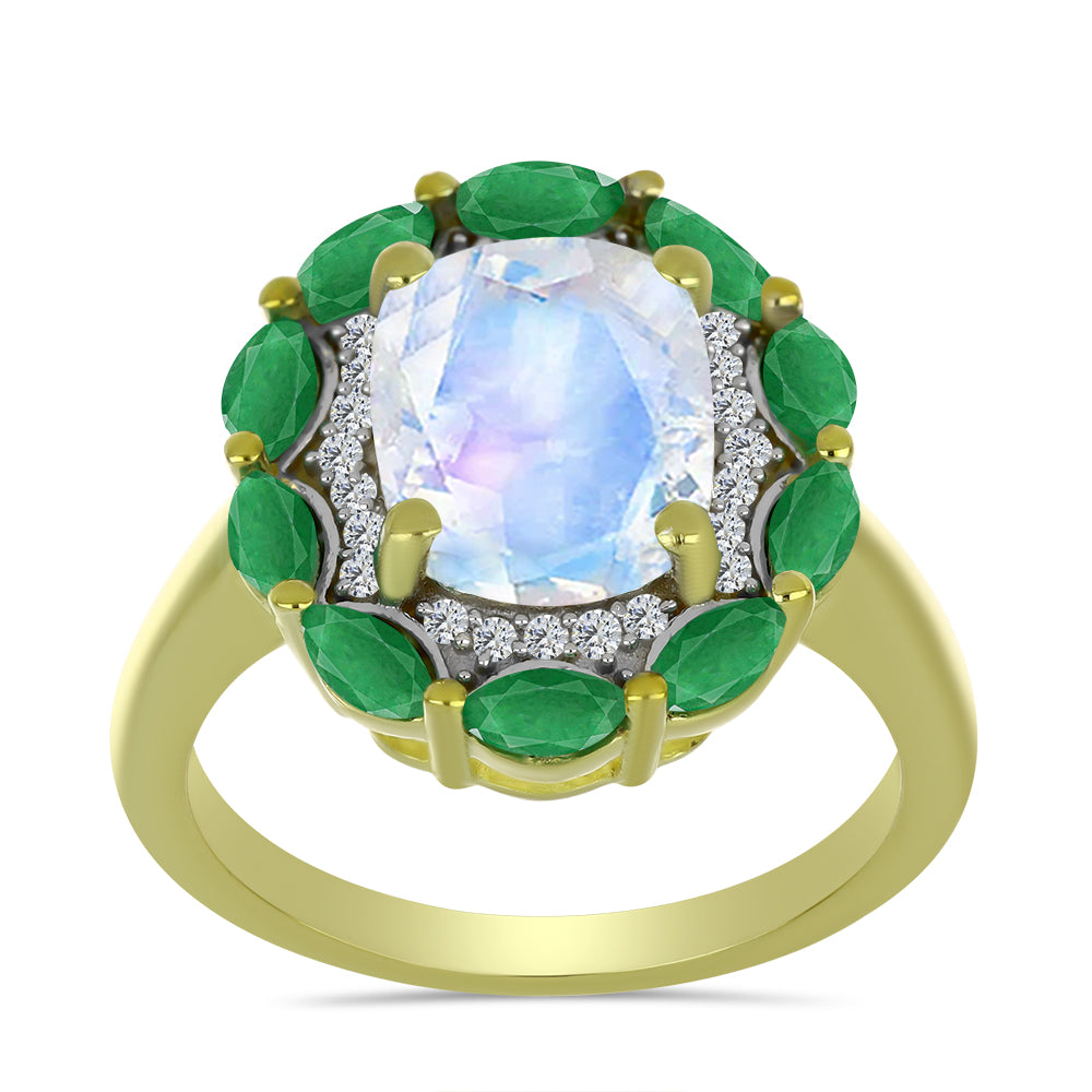 Goldplattierter Silberring mit Regenbogenmondstein und brasilianischem Smaragd