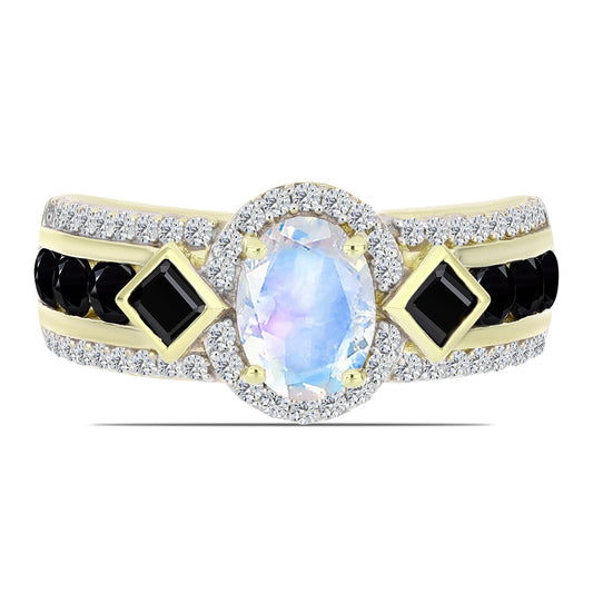 Goldplattierter Silberring mit Regenbogenmondstein und schwarzem Spinell