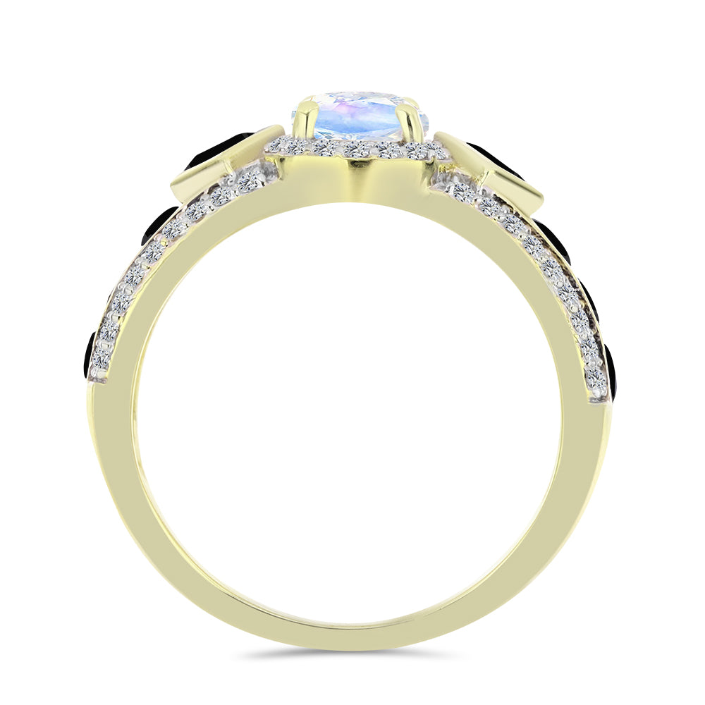 Goldplattierter Silberring mit Regenbogenmondstein und schwarzem Spinell 2 