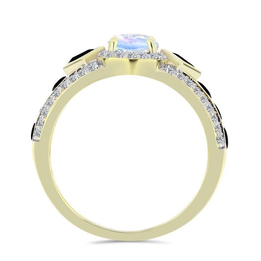 Goldplattierter Silberring mit Regenbogenmondstein und schwarzem Spinell