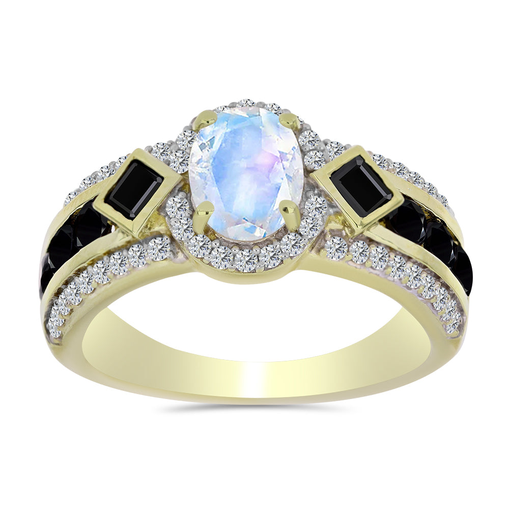 Goldplattierter Silberring mit Regenbogenmondstein und schwarzem Spinell