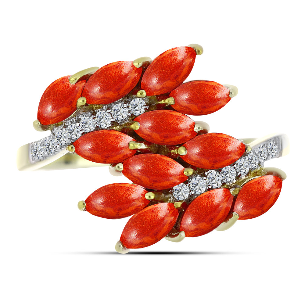 Goldplattierter Silberring mit roter Schwammkoralle und weißem Topas 1 