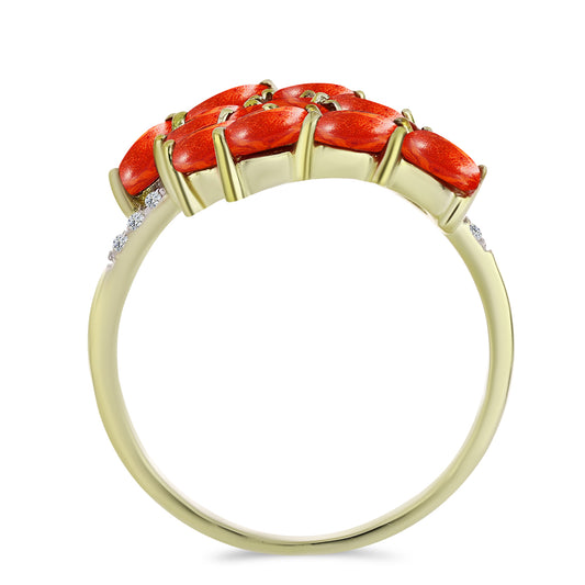 Goldplattierter Silberring mit roter Schwammkoralle und weißem Topas