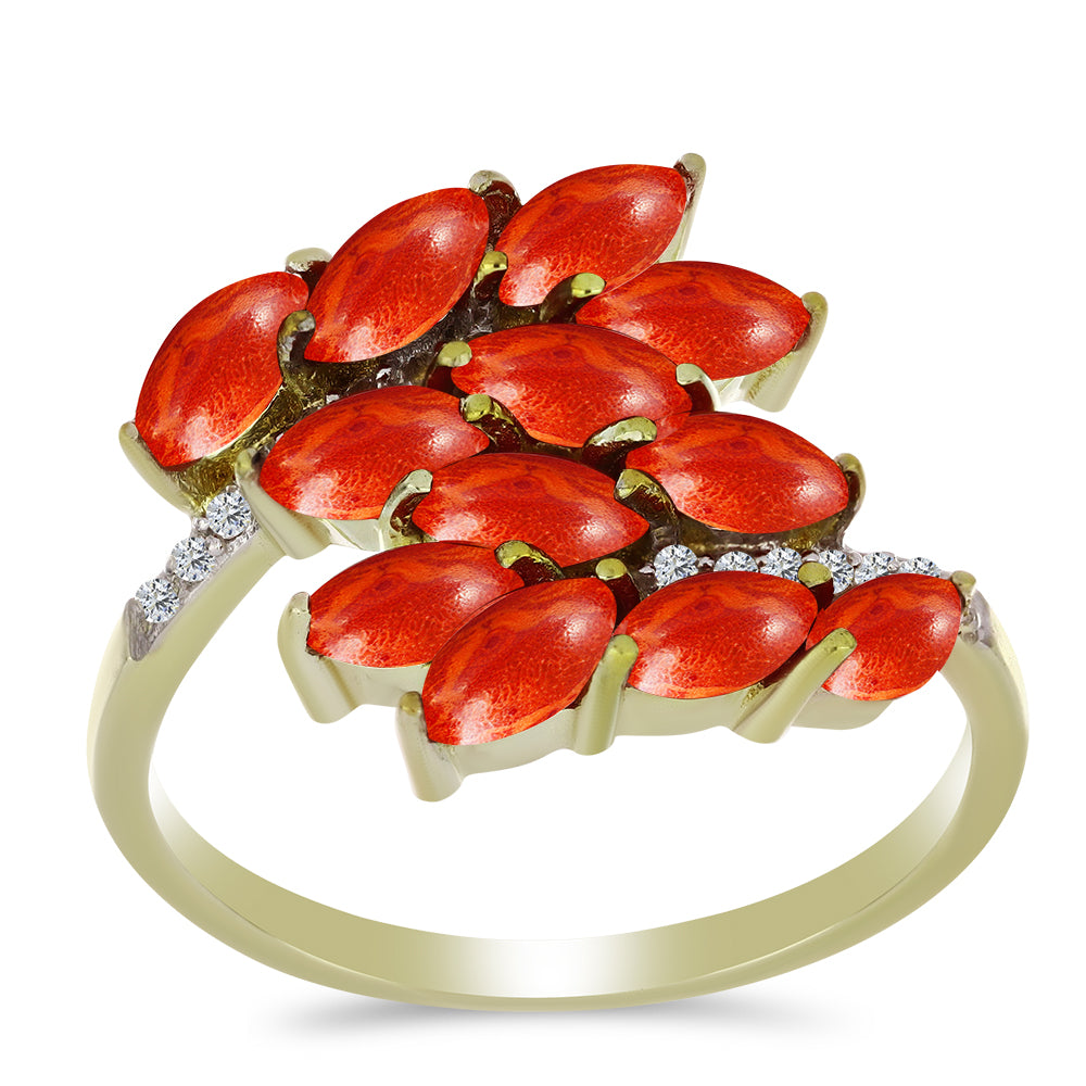 Goldplattierter Silberring mit roter Schwammkoralle und weißem Topas 3 